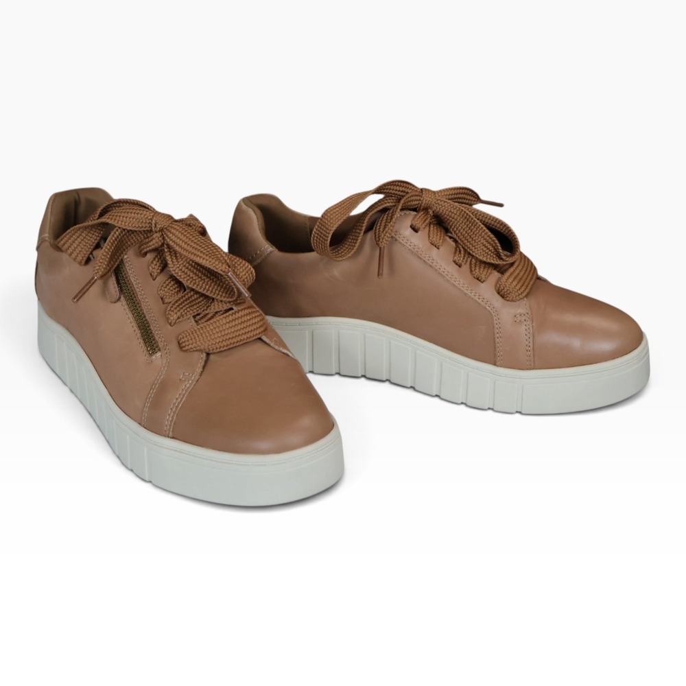 Tan Leather Chunky Sneakers Lace Up Side Zip Clarks Mykah Joy Platform Wide 11W